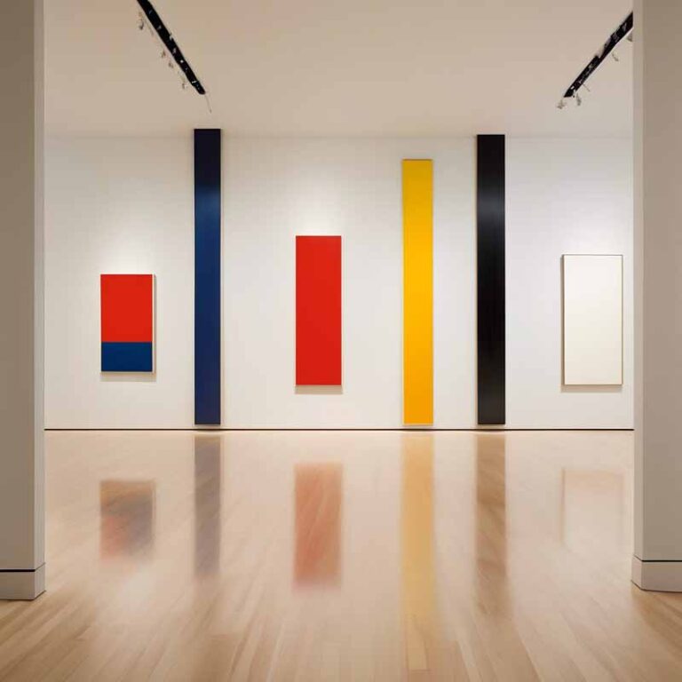 a room with several paintings on the wall