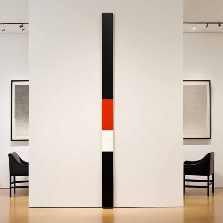 a black and red rectangular object on a white wall with chairs in front of it