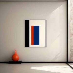 a red and blue art on a white wall