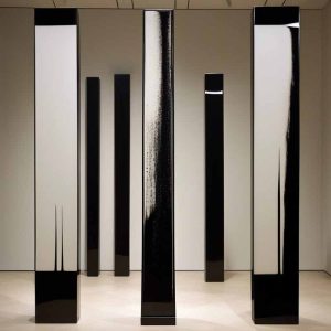 a group of tall black and white columns